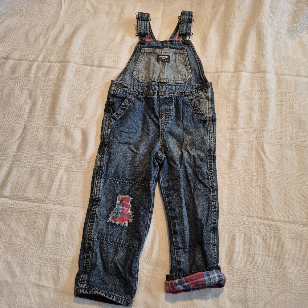 Oshkosh boys 3T plaid flannel lined overalls, distressed look VVGUC